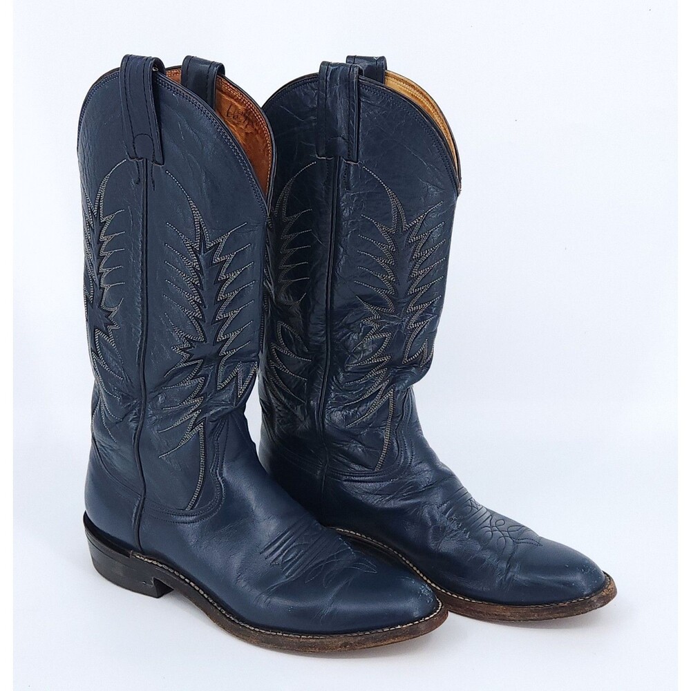 Vintage Nocona Navy Blue Leather Cowboy Boots Stitched Made In Texas Womens 6 C